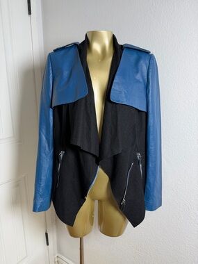 LYJS by CASIMA Black leather Lined Jacket with Blue Trim Size 42